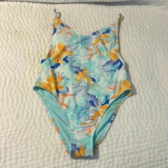 XHILARATION TROPICAL SCOOP BACK HIGH HIP ONE PIECE FLORAL SWIMSUIT, BLUE… - Picture 2 of 13